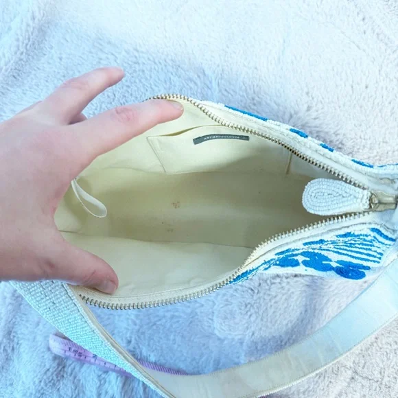 ANTHROPOLOGIE Asymmetric Beaded Shoulder Bag Blue & White Polka Dot - Picture 7 of 7